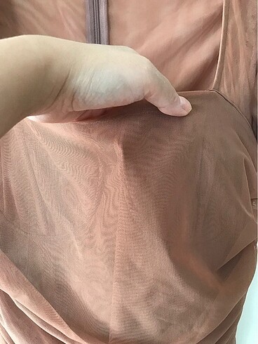 m Beden camel Renk Drape tül detaylı mini elbise