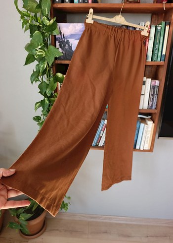 Kahverengi Geniş Paça Keten Pantolon