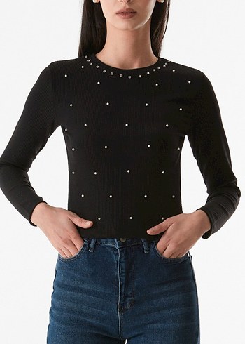 Boncuk Detaylı Siyah Kadın Uzun Kollu Bluz - Görsel 2