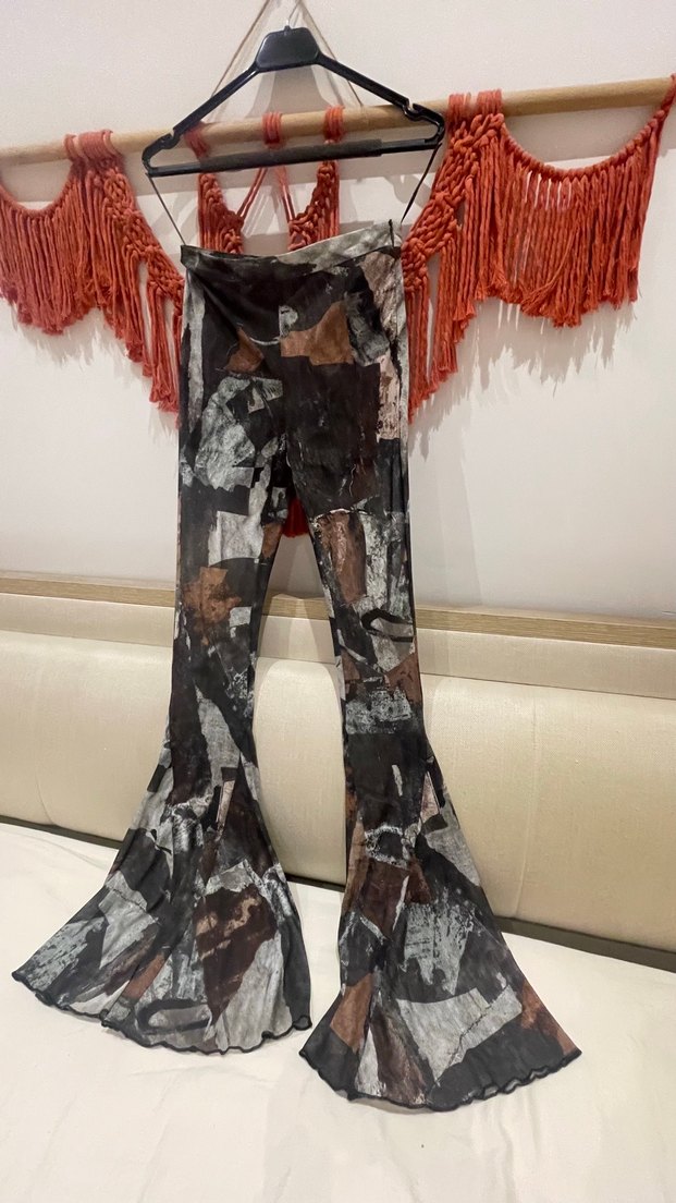 Kadın Bohem Bağlama Desenli İspanyol Paça Pantolon - Görsel 2