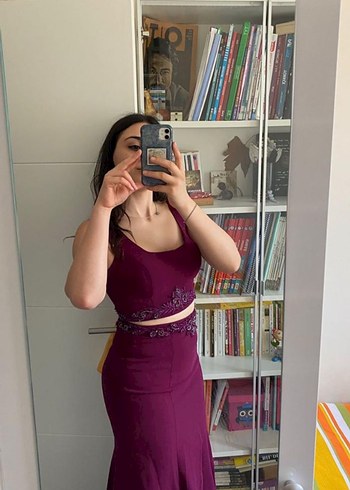 m Beden Bordo V Yakalı Uzun Abiye Elbise