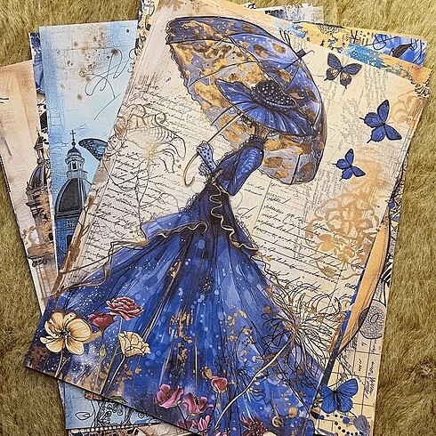 Mavi-Gold Temalı Scrapbook Kağıtları