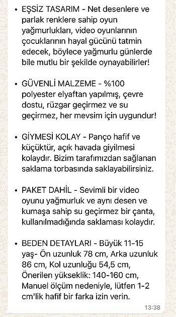 Standart Beden Beden Yağmurluk