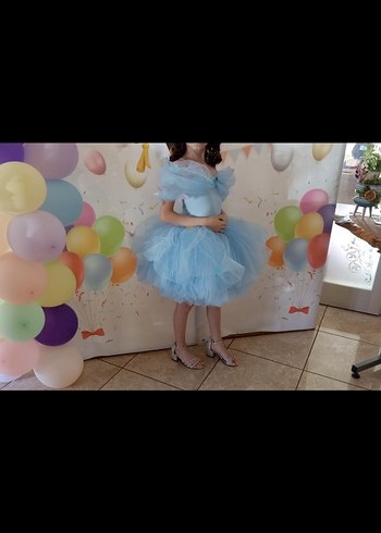 Mavi Straplez Fırfırlı Kız Çocuk Elbisesi özel dikim - Görsel 3