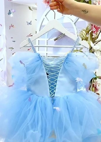 Mavi Straplez Fırfırlı Kız Çocuk Elbisesi özel dikim - Görsel 2