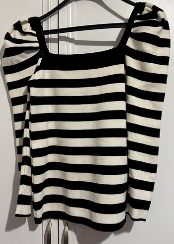 Çizgili Siyah Beyaz Kadın Triko Kazak - Görsel 2