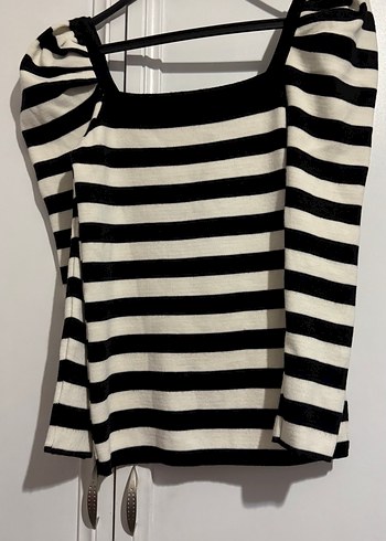Çizgili Siyah Beyaz Kadın Triko Kazak - Görsel 3