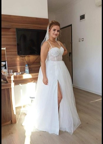 Straplez Bohem Beyaz A Kesim Uzun Gelinlik