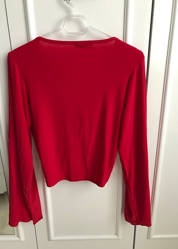 Kırmızı Drapeli V Yaka Uzun Kollu Bluz - Görsel 4