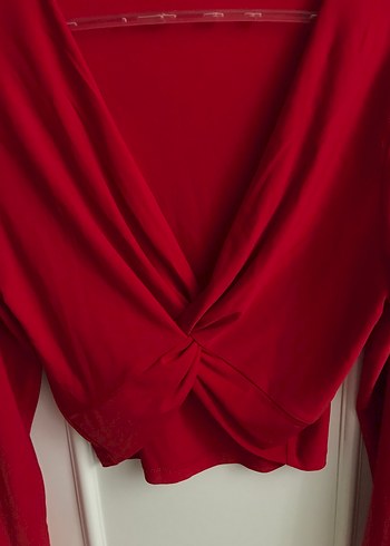 Kırmızı Drapeli V Yaka Uzun Kollu Bluz - Görsel 2