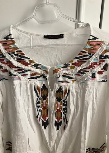 Nakışlı, V Yakalı, Uzun Kollu Bohem Bluz - Görsel 2