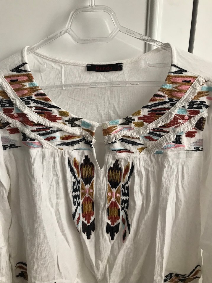 Nakışlı, V Yakalı, Uzun Kollu Bohem Bluz - Görsel 2