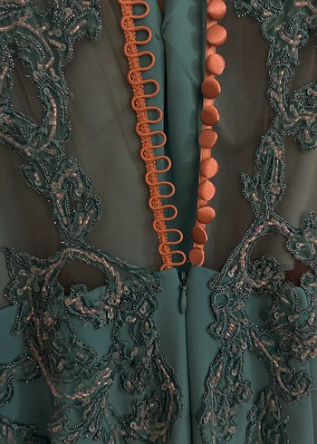 Turkuaz Dantel İşlemeli Uzun Abiye Elbise - Görsel 5