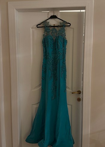 Turkuaz Dantel İşlemeli Uzun Abiye Elbise - Görsel 2