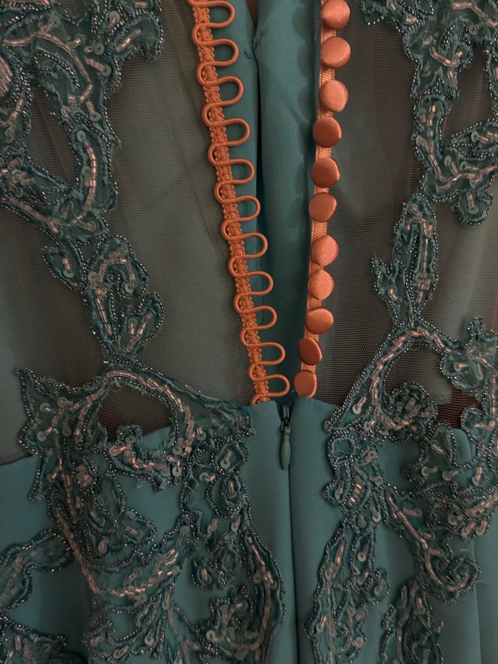 Turkuaz Dantel İşlemeli Uzun Abiye Elbise - Görsel 5