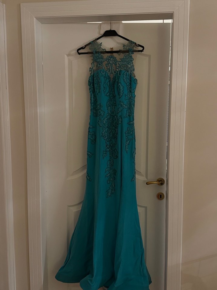 Turkuaz Dantel İşlemeli Uzun Abiye Elbise - Görsel 2