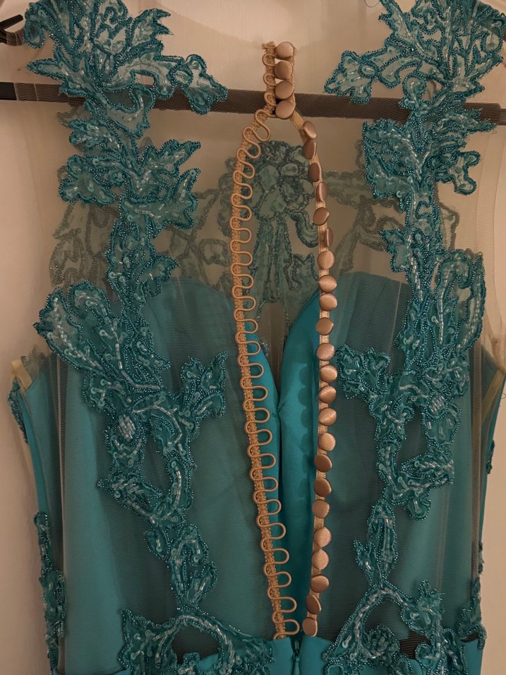 Turkuaz Dantel İşlemeli Uzun Abiye Elbise - Görsel 4