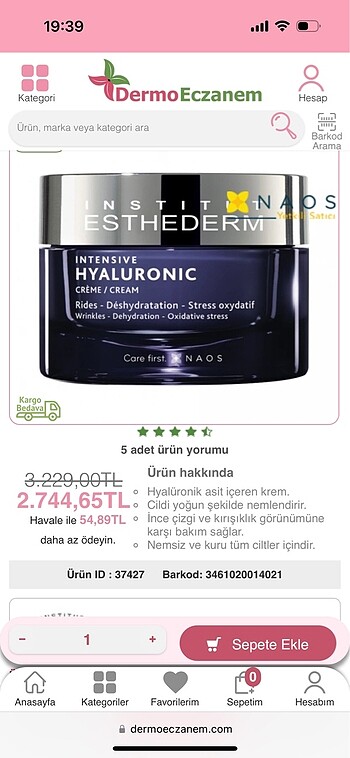 Beden Esthederm Intensive Hyaluronic Cream 50 ml