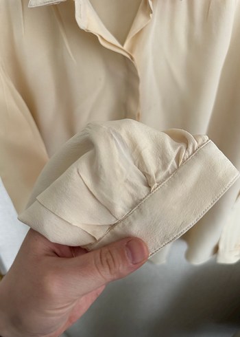 Bej Uzun Kollu %100 ipek Kadın Gömlek - Görsel 3