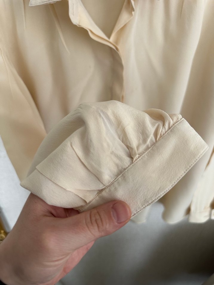 Bej Uzun Kollu %100 ipek Kadın Gömlek - Görsel 3