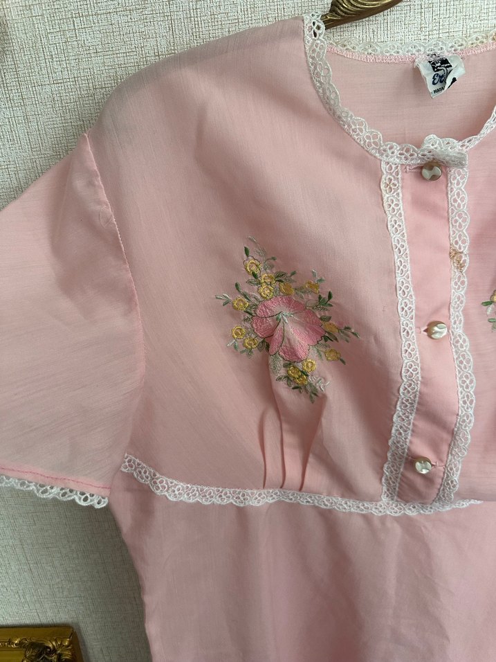 Nakışlı Pembe Uzun Kollu Bohem Gecelik - Görsel 3