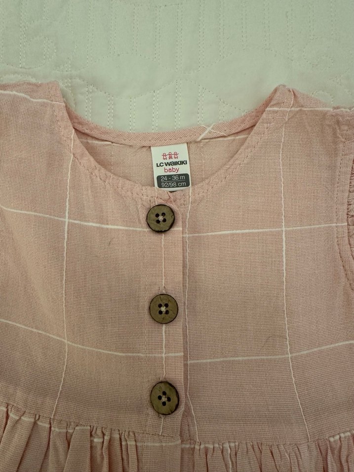 Kız Çocuk Pembe Düğmeli Pamuklu Elbise - Görsel 2