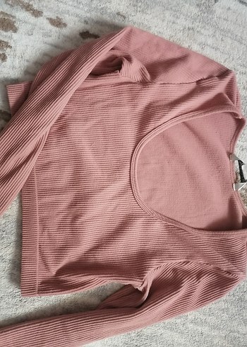 Stradivarius Pembe V Yakalı Uzun Kollu Crop Top
