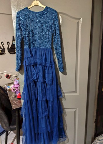 Uzun Kollu Mavi Fırfırlı Bohem Abiye Elbise - Görsel 2