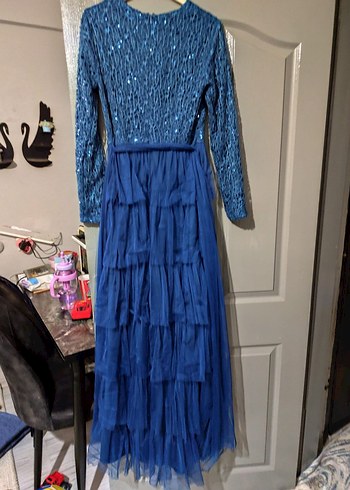 Uzun Kollu Mavi Fırfırlı Bohem Abiye Elbise - Görsel 3