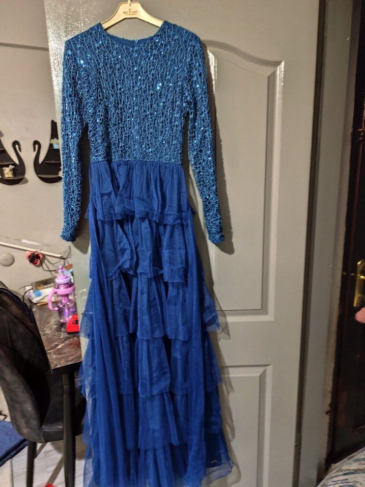 Uzun Kollu Mavi Fırfırlı Bohem Abiye Elbise - Görsel 2