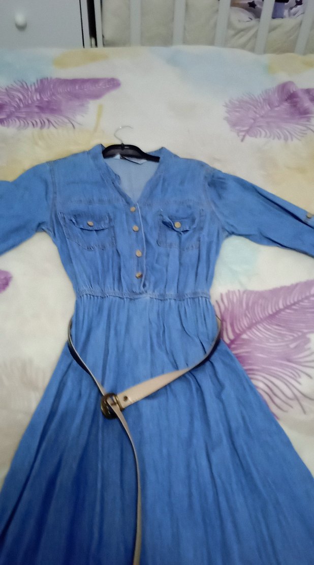 kemerli kot elbise - Görsel 3