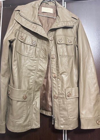 Bej Düğmeli Deri Kadın Ceket - Görsel 3