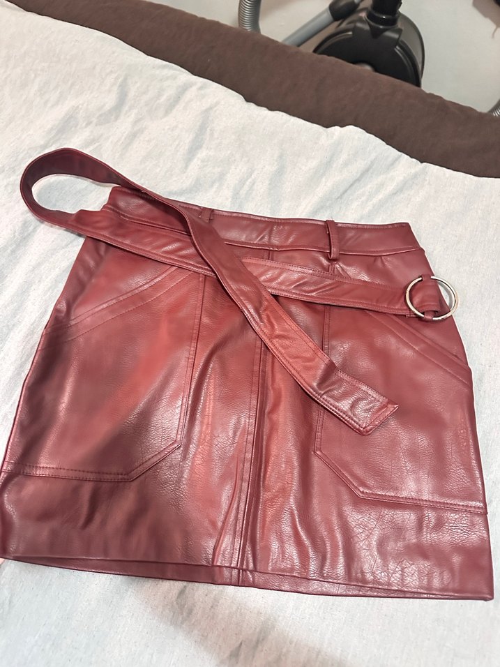 Bordo Deri Kemerli Mini Etek - Görsel 2