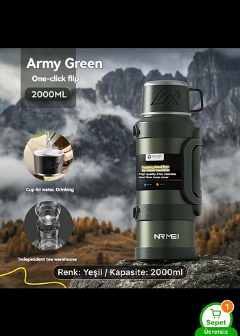 2000 ml Haki Renkli Termos - NRMEI - Görsel 3