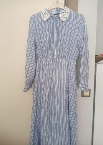 44 Beden mavi Renk Mavi Uzun Kollu Keten Vintage Elbise