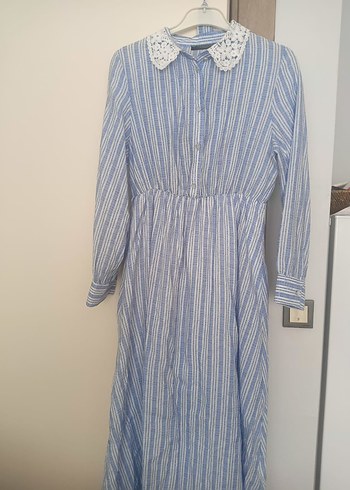 Diğer Mavi Uzun Kollu Keten Vintage Elbise
