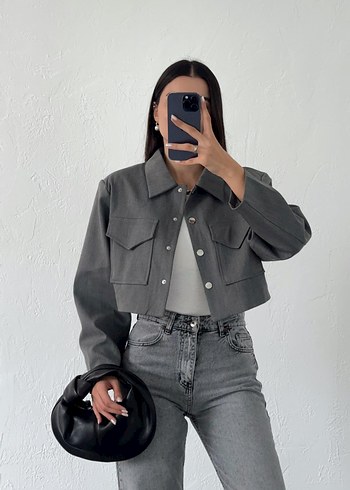 Gri Mini Kadın Denim Ceket