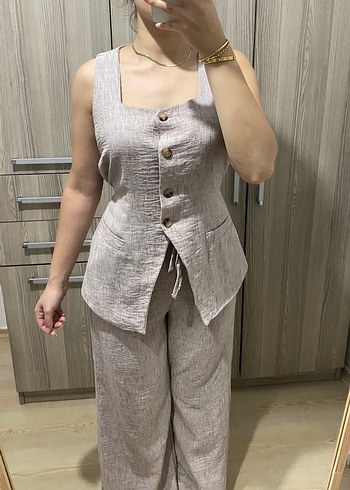 Düğmeli Keten Kadın Takım Bej - Görsel 4