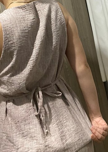 Düğmeli Keten Kadın Takım Bej - Görsel 5