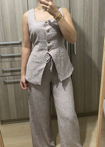 Düğmeli Keten Kadın Takım Bej - Görsel 2