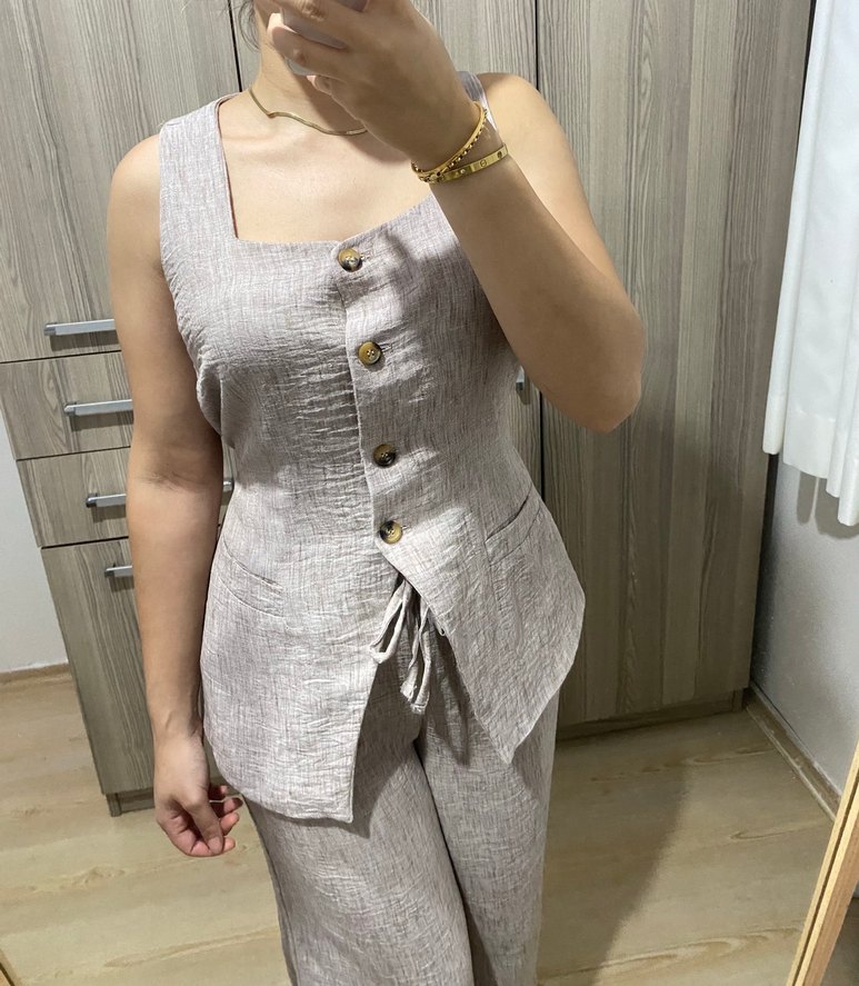 Düğmeli Keten Kadın Takım Bej - Görsel 3