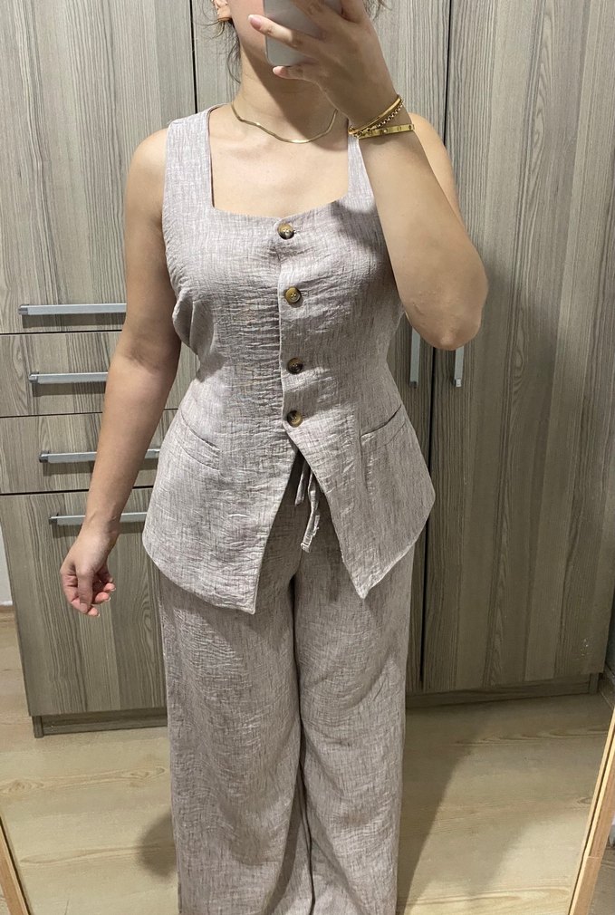 Düğmeli Keten Kadın Takım Bej - Görsel 4