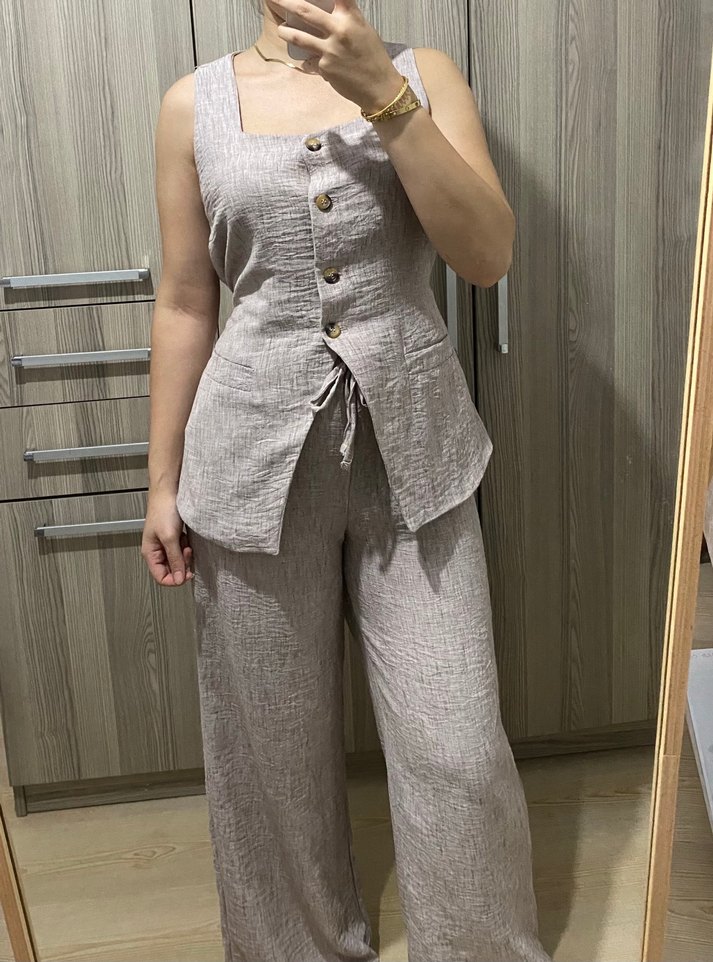 Düğmeli Keten Kadın Takım Bej - Görsel 2