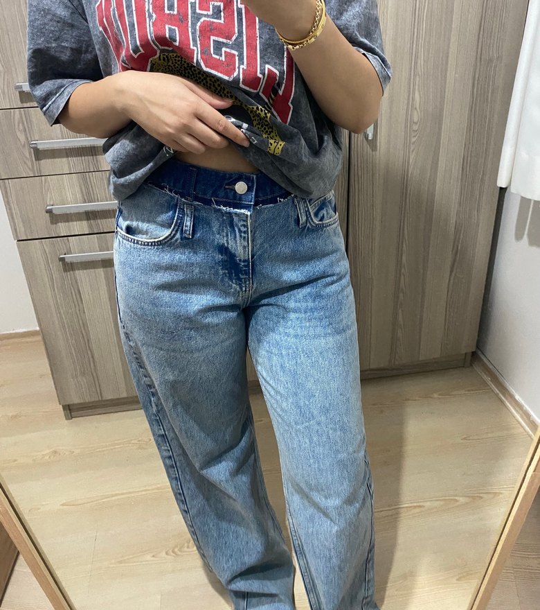 Düğmeli, laci-Mavi Kadın Kot Pantolon - Görsel 4