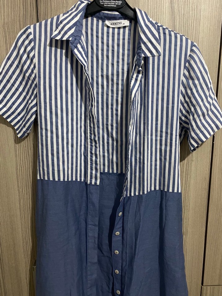 Çizgili Kemerli Midi Keten Elbise - Görsel 2