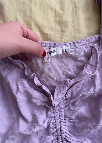 s Beden Mor V Yaka Keten Bluz Ruffle Detaylı