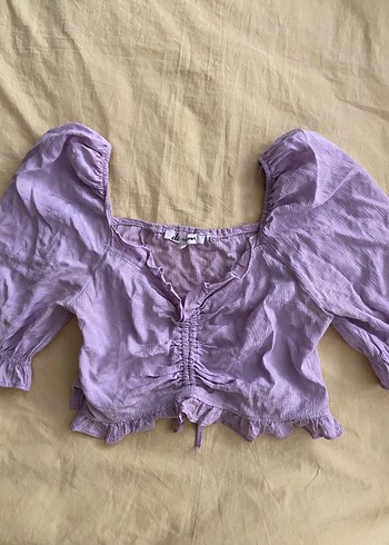 Koton Mor V Yaka Keten Bluz Ruffle Detaylı