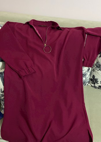 Bordo Kadın Midi Tunik, Fermuarlı, Salaş Kesim