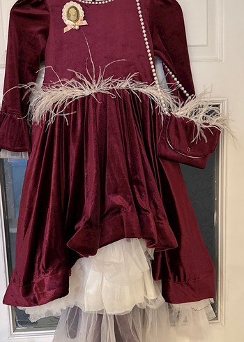 Kız Çocuk Bordo Uzun Kollu kadife çanta detaylı beyaztüy detaylı - Görsel 3