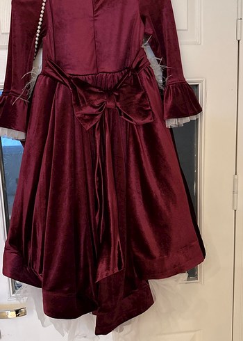 Kız Çocuk Bordo Uzun Kollu kadife çanta detaylı beyaztüy detaylı - Görsel 5